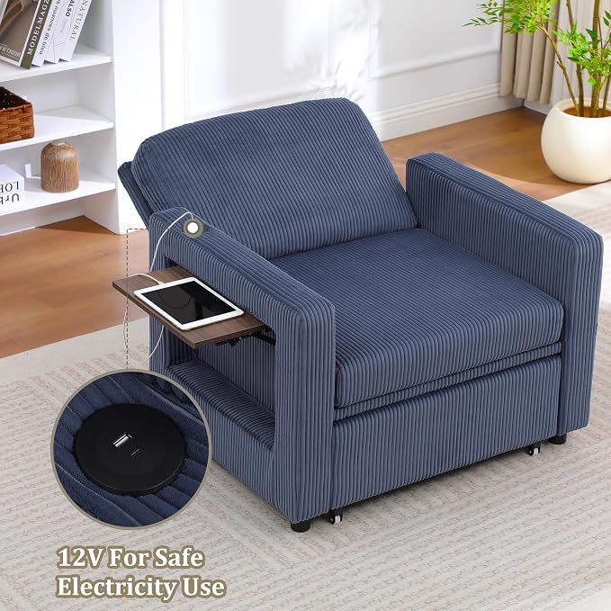3 in 1 Folding Convertible Sleeper Sofa Bed Pull Out Couch with Side Pockets USB Port Side Table Single Sofa Bed with Adjustable Backrest for Living Room Bedroom 66" Blue 1 SEAT