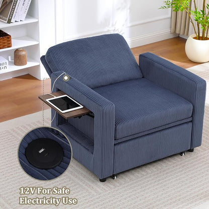 3 in 1 Folding Convertible Sleeper Sofa Bed Pull Out Couch with Side Pockets USB Port Side Table Single Sofa Bed with Adjustable Backrest for Living Room Bedroom 66" Blue 1 SEAT