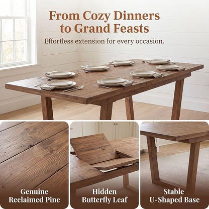 55-70.5" Extendable Dining Table Pine Expandable Dining Room Table for 4 6 8 People Large Rectangle Table Space Saving for Dining Room Living Room Home Office，Walnut