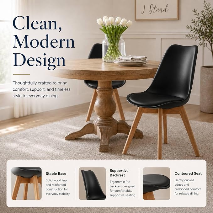 Dining Chairs Set of 8, Modern Upholstered Dining Room Chairs with PU Leather Padded Seat, Armless Kitchen Chairs with Curved Backrest and Solid Wood Legs for Dining Room, Kitchen, Apartment, Black