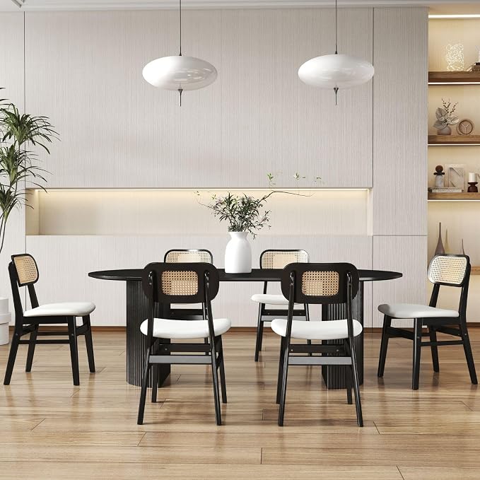 ROCITY Rattan Dining Chairs Set of 2 Black Wooden Dining Room Chairs White Faux Leather Kitchen Chairs with Back Farmhouse Side Chairs