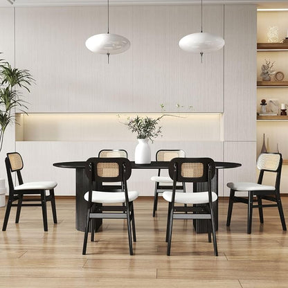 ROCITY Rattan Dining Chairs Set of 2 Black Wooden Dining Room Chairs White Faux Leather Kitchen Chairs with Back Farmhouse Side Chairs
