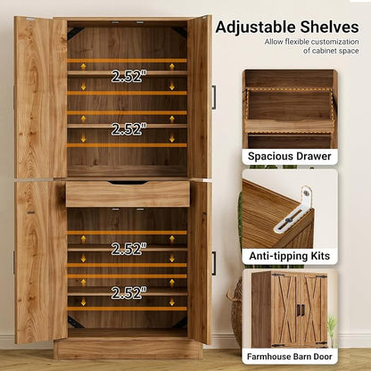 Unikito 71" Pantry Cabinet with Drawer, Farmhouse Barn Doors and Adjustable Shelves, Freestanding Storage Cabinet for Kitchen, Dining Room, Living Room, Utility Room