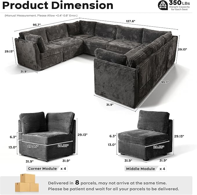 ovios Modular Sectional Sofa Couch with U-Shape Chaise Oversized, Comfy Plush Corduroy Cloud Couches, Modern Luxury Deep Seat Sofas Set for Living Room, 8-Seater, Grey