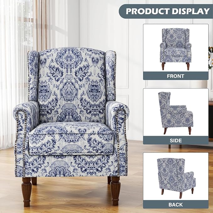 High Back Accent Chair, Fabric Upholstered Armchair Floral Wingback Chair for Living Room, Comfy Solid Wood Legs Bedroom Reading Seat - Navy