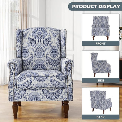 High Back Accent Chair, Fabric Upholstered Armchair Floral Wingback Chair for Living Room, Comfy Solid Wood Legs Bedroom Reading Seat - Navy