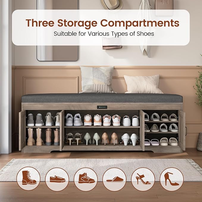 UPOSOJA 60“ Farmhouse Shoe Storage Bench with Deodorizing, Entryway Storage Bench with Cushion Seat, 4 Doors Freestanding Hidden Shoe Rack, Adjustable Shelf, for Bedroom, Living Room (Gray Wash, 60IN)