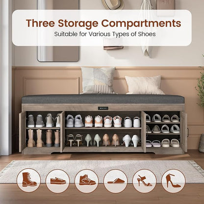 UPOSOJA 60“ Farmhouse Shoe Storage Bench with Deodorizing, Entryway Storage Bench with Cushion Seat, 4 Doors Freestanding Hidden Shoe Rack, Adjustable Shelf, for Bedroom, Living Room (Gray Wash, 60IN)