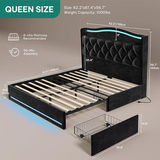 DWVO Queen Size Bed Frame with 4 Storage Drawers and RGB LED Lights, 57'' Tall Headboard Velvet Upholstered Bed with Charging Station, No Box Spring Needed, Easy Assembly, Noise-Free, Black