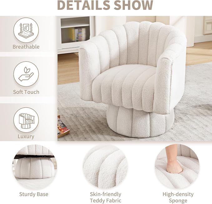 Swivel Accent Barrel Chair - Cute Comfy Small Round 360° Arm Chair Velvet Sofa Club Reading Chair for Living Room Bedroom Office White