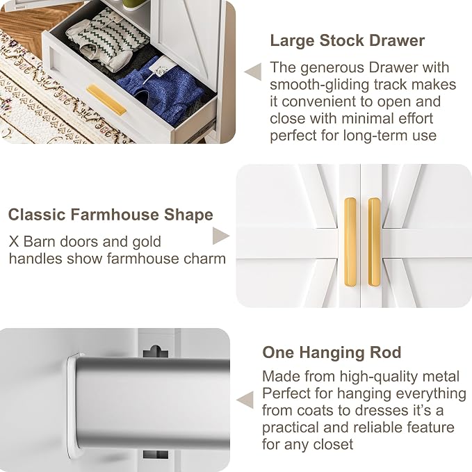 Baborokic Metal Wardrobe Cabinet with Hanging Rod,71" Armoire Wardrobe Closet with 2 Drawers,Farmhouse Bedroom Armoire,Storage Cabinets with Door and Shelves for Bedroom,Laundry Room(White)