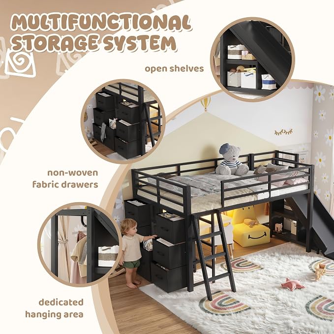 Bellemave Twin Size Loft Bed with 7 Non-Woven Fabric Drawers, Shelves and Wardrobe, Twin Loft Bed with Detachable Slide and Ladders, Low Profile Loft Beds with Lights, Noise Reduced Design Black