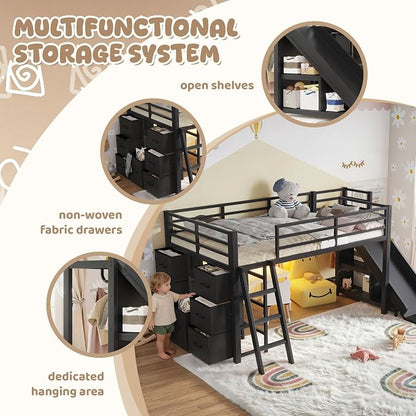 Bellemave Twin Size Loft Bed with 7 Non-Woven Fabric Drawers, Shelves and Wardrobe, Twin Loft Bed with Detachable Slide and Ladders, Low Profile Loft Beds with Lights, Noise Reduced Design Black