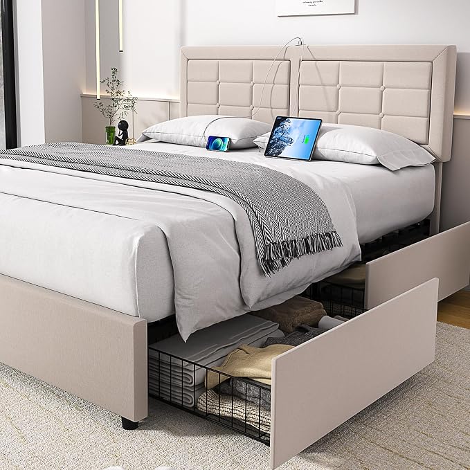 VECELO Queen Size Bed Frame with 4 Storage Drawers & Adjustable Headboard, Built-in Charging Station, Upholstered Bedframe with Wood Slats Support, Beige