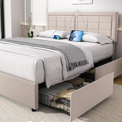 VECELO Queen Size Bed Frame with 4 Storage Drawers & Adjustable Headboard, Built-in Charging Station, Upholstered Bedframe with Wood Slats Support, Beige