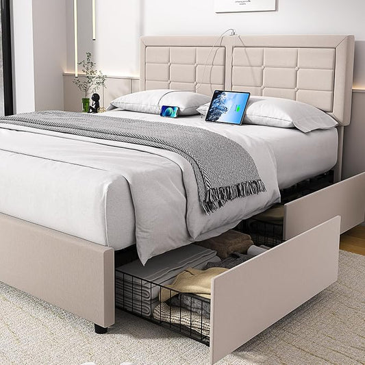 VECELO Queen Size Bed Frame with 4 Storage Drawers & Adjustable Headboard, Built-in Charging Station, Upholstered Bedframe with Wood Slats Support, Beige