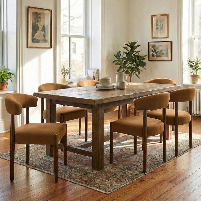 VKNOW Wooden Dining Chairs Set of 6, Modern Upholstered Dining Room Chairs with Walnut Wood Legs and Curved Backrest, Fabric Kitchen Chairs for Farmhouse/Living Room/Dining Room, Orange