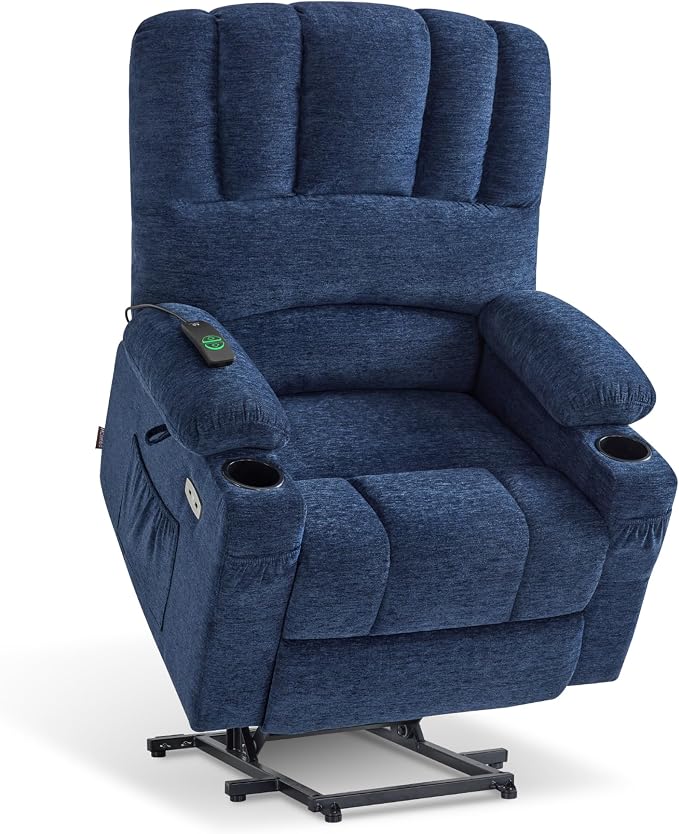 MCombo Power Lift Recliner Chair for Elderly, Lift Chair with Heat and Massage, USB &Type C Ports, Cup Holders, Fabric 7095 (Medium, Navy Blue)