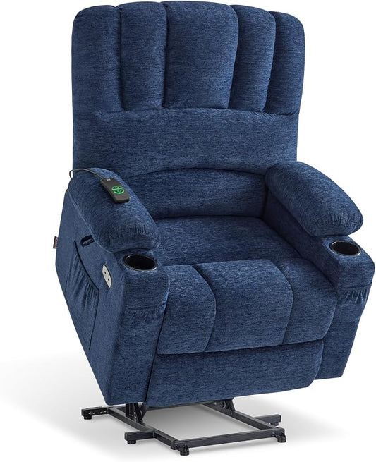 MCombo Power Lift Recliner Chair for Elderly, Lift Chair with Heat and Massage, USB &Type C Ports, Cup Holders, Fabric 7095 (Medium, Navy Blue)