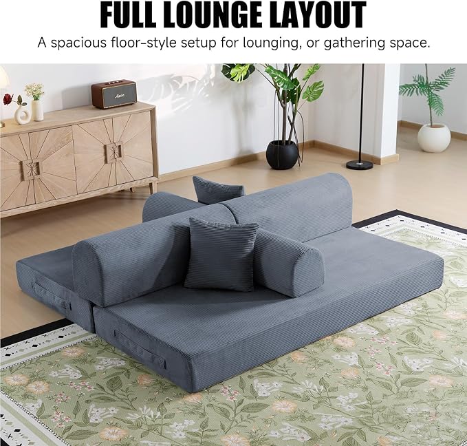 78.8" Boneless Memory Foam Couch, Corduroy Convertible Floor Sofa Bed, Fold-Out Sleeper Futon Loveseat, Wide Armrests & Supportive Back, 1200 lb, Couch in a Box, 2 Pillows, Dark Grey