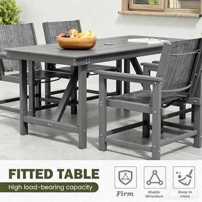 7 Piece HDPE Patio Dining Set, All-Weather Outdoor Table and Chair Sets with Umbrella Hole Outdoor Dining Table Sets of 6 Textilene Fabric Patio Chairs for Backyard, Poolside, Garden, Deck(Gray)