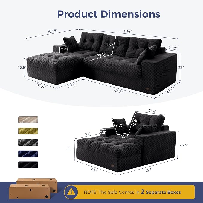 MAXYOYO Sectional Sofa Couch and Chaise Lounge, L Shaped Modern Cloud Couch with Ottoman, Comfy Tufted Upholstered Couch with Layered Cushion for Living Room, No Assembly Required, Black