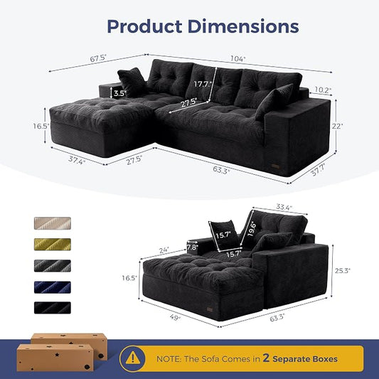 MAXYOYO Sectional Sofa Couch and Chaise Lounge, L Shaped Modern Cloud Couch with Ottoman, Comfy Tufted Upholstered Couch with Layered Cushion for Living Room, No Assembly Required, Black