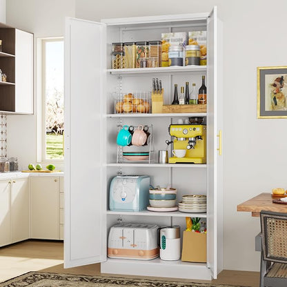 71" H Kitchen Storage Cabinet with 4 Adjustable Shelves, Metal Pantry Cabinet, Pantry Organizers and Storage Cabinet for Kitchen, Bathroom, Living Room (White)