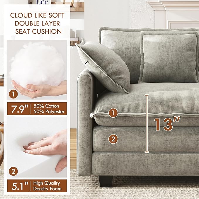 WorthFurni 114” Oversized Modular Sectional Sofa, 5-Seater V Shaped Cloud Couch Set, Comfy Chenille Deep Seat Sofa with 5 Throw Pillows, DIY Combination for Living Room (Gray)