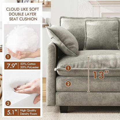 WorthFurni 114” Oversized Modular Sectional Sofa, 5-Seater V Shaped Cloud Couch Set, Comfy Chenille Deep Seat Sofa with 5 Throw Pillows, DIY Combination for Living Room (Gray)