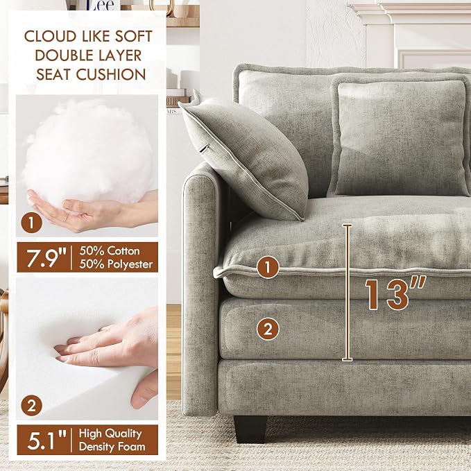 WorthFurni 77 Inch L Shape Cloud Sofa, Modular Sectional Couch with Ottoman, Comfy Chenille Deep Seat Loveseat with Pillow for Living Room Bedroom Apartment （Grey）