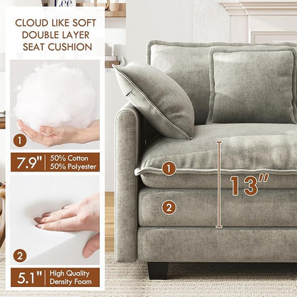 WorthFurni 77 Inch L Shape Cloud Sofa, Modular Sectional Couch with Ottoman, Comfy Chenille Deep Seat Loveseat with Pillow for Living Room Bedroom Apartment （Grey）