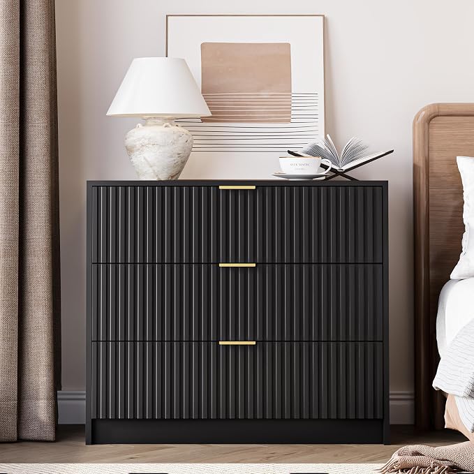 MAISONARIA 3-Piece Dresser Bedroom Set, 6 Drawer Dresser & 3 Drawer Nightstands with Gold Handles, Fluted Wood Chest of Drawers for Bedroom, Living Room, Entryway, Black