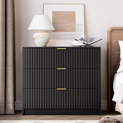 MAISONARIA 3-Piece Dresser Bedroom Set, 5 Drawer Dresser & 3 Drawer Nightstands with Gold Handles, Fluted Wood Chest of Drawers for Bedroom, Living Room, Entryway, Black