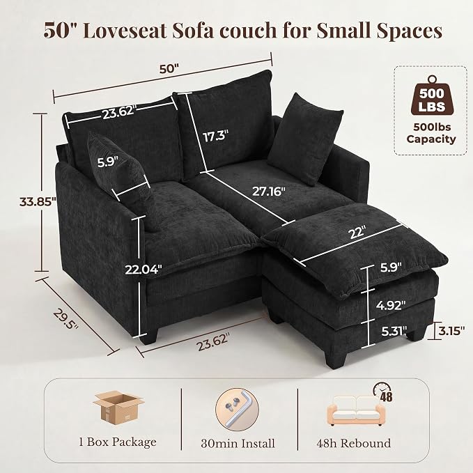 Loveseat Sofa with Ottoman, Cloud 3-Layer Cushion, 27" Deep Seat Love Seat Small Couch with 2 Pillows for Small Spaces, Bedroom, Apartment, Office, Living Room, in a Box, 50-Inch Black