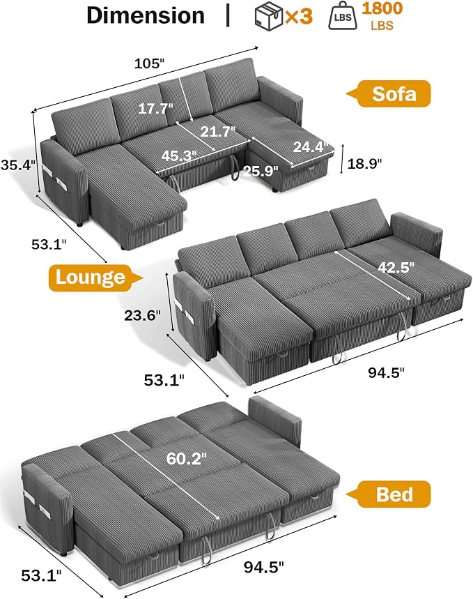 Vipbear 104" Sectional Sleeper Sofa Bed with Pull Out Bed, U Shaped Couch Pull Out Couch with Reclining Backrest, Reversible Storage Chaise, USB Ports, Tool-Free Assembly, Corduroy Grey