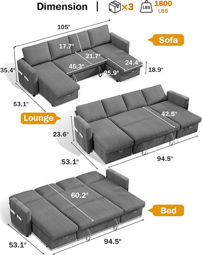 Vipbear 104" Sectional Sleeper Sofa Bed with Pull Out Bed, U Shaped Couch Pull Out Couch with Reclining Backrest, Reversible Storage Chaise, USB Ports, Tool-Free Assembly, Corduroy Grey