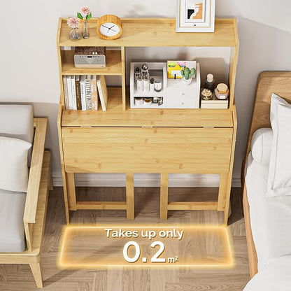 Bamboo Folding Desk with Bookshelf, Compact Computer Desk with Hutch for Small Spaces, Foldable Desk with Storage Shelf, Space-Saving Home Office Desk for Bedroom, Dorm, Apartment,Natural