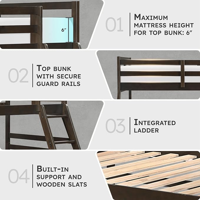 Lexicon Bunk Bed Twin Over Full, Wooden Bed Frame with Sturdy Ladder and Safety Guard Rails, Modern Space-Saving Design, for Bedroom/Guest Room, No Box Spring Needed, Dark Brown
