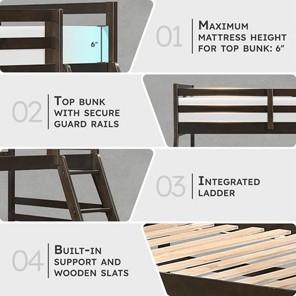 Lexicon Bunk Bed Twin Over Full, Wooden Bed Frame with Sturdy Ladder and Safety Guard Rails, Modern Space-Saving Design, for Bedroom/Guest Room, No Box Spring Needed, Dark Brown
