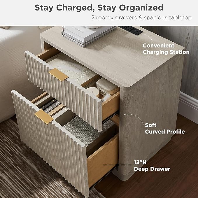 T4TREAM 23'' Fluted Nightstand Swith Charging Station, Large 2 Drawer Side Table, Modern End Table with Storage, Mid Century Bedside Table for Bedroom, Living Room, Curved Profile, White Alder