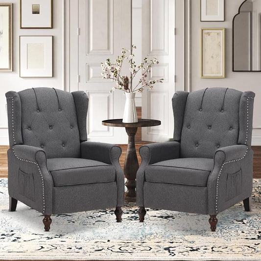 Wingback Recliner Chair with Massage and Heat Tufted Fabric Push Back Arm Chair, Recliner Chair for Living Room Bedroom Home Theater (2,Grey)
