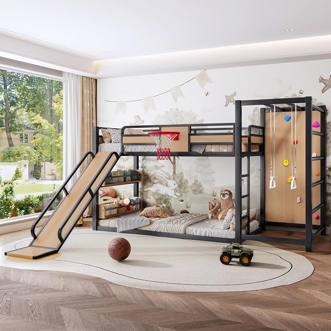 Bellemave Twin Size Bunk Bed with Basketball Hoop, Pull-up Rings and Climbing Wall, Twin Bunk Bed with Slide and Bookcase, Heavy Duty Bunk Beds with Guardrail, Natural
