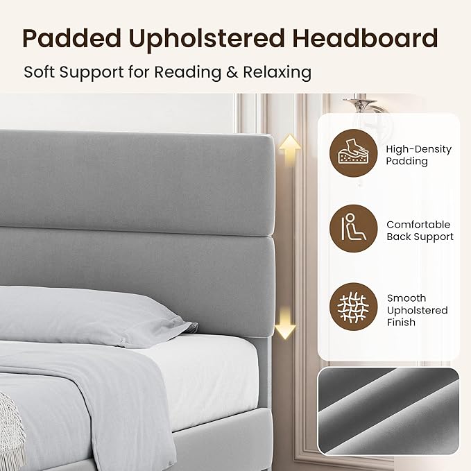 GRUSIGN Queen Size Platform Bed Frame with Velvet Headboard, Adjustable Height Wooden Slats Support, Upholstered Mattress Foundation, Fits Mattress or Mattress with Box Spring, Easy Assembly, Grey