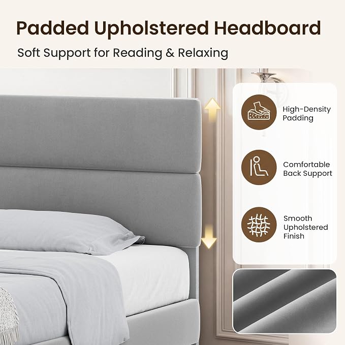 GRUSIGN Twin Size Platform Bed Frame with Velvet Headboard, Adjustable Height Wooden Slats Support, Upholstered Mattress Foundation, Fits Mattress or Mattress with Box Spring, Easy Assembly, Grey