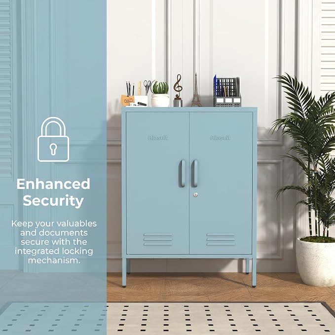Multipurpose Accent Cabinet Locker, Metal Storage Cabinet with 2 Adjustable Shelves, Heavy Duty & Lockable Organizer Made of Thickened Steel, Easy Assembly for Home, Entryway, Blue