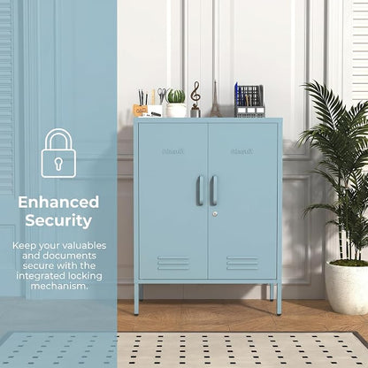 Multipurpose Accent Cabinet Locker, Metal Storage Cabinet with 2 Adjustable Shelves, Heavy Duty & Lockable Organizer Made of Thickened Steel, Easy Assembly for Home, Entryway, Blue