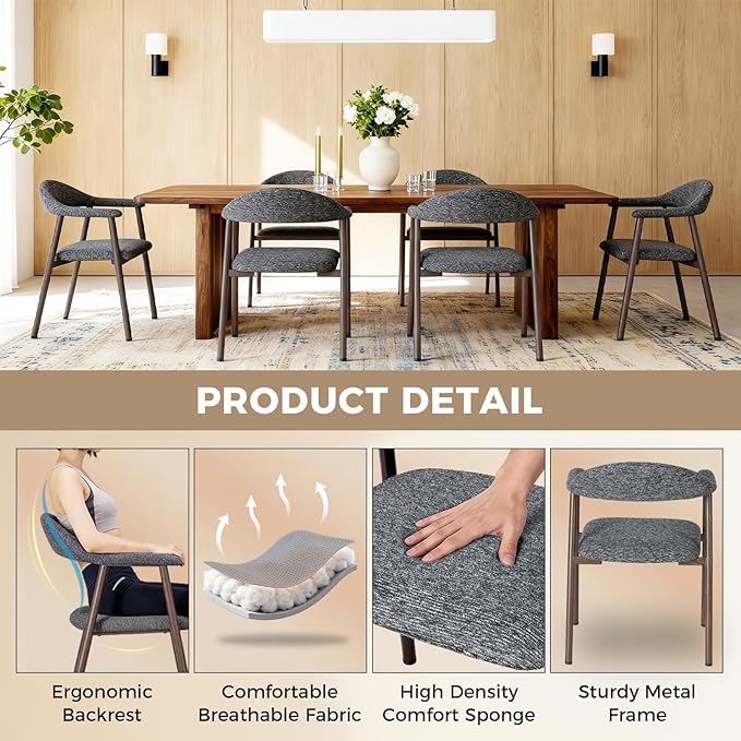 DUMOS Dining Chairs Set of 2, Linen Fabric Upholstered Kitchen Side Chairs with Curved Backrest & Metal Legs, Modern Farmhouse Accent Chair for Dining Room Kitchen Living Room Cafe, Gray