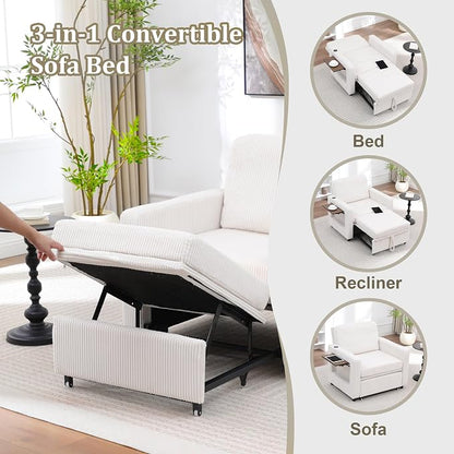3 in 1 Folding Convertible Sleeper Sofa Bed Pull Out Couch with Side Pockets USB Port Side Table Single Sofa Bed with Adjustable Backrest for Living Room Bedroom 66" Beige 1 SEAT