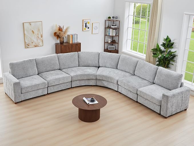 ORRD Oversized Curved Sectional Sofa, Convertible L Shaped Couch with Deep Seat, Boucle Modular Sectional Sofa with Pillows, Curved Chenille Comfy Corner 6 Seat Couch for Living Room, Grey